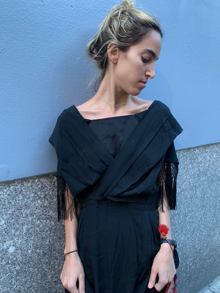 1930’s Black Silk Dress with Fringe Trim