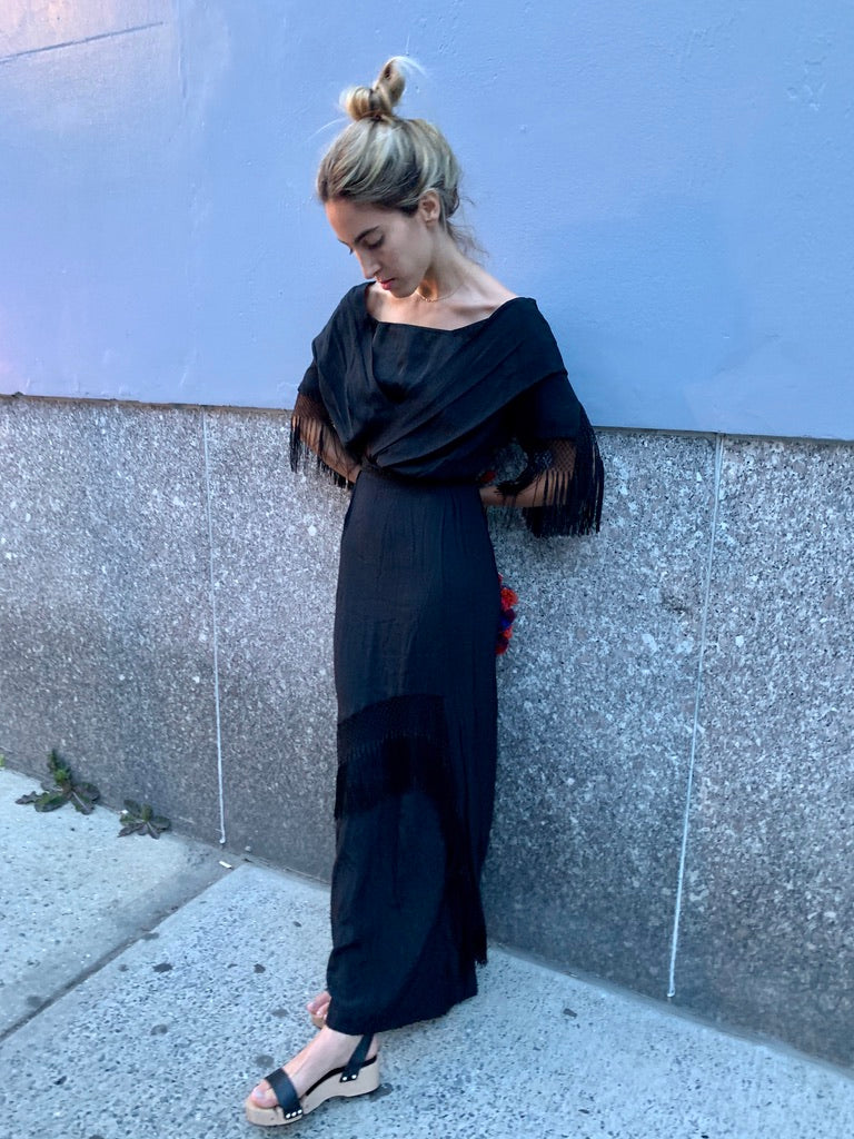 1930’s Black Silk Dress with Fringe Trim