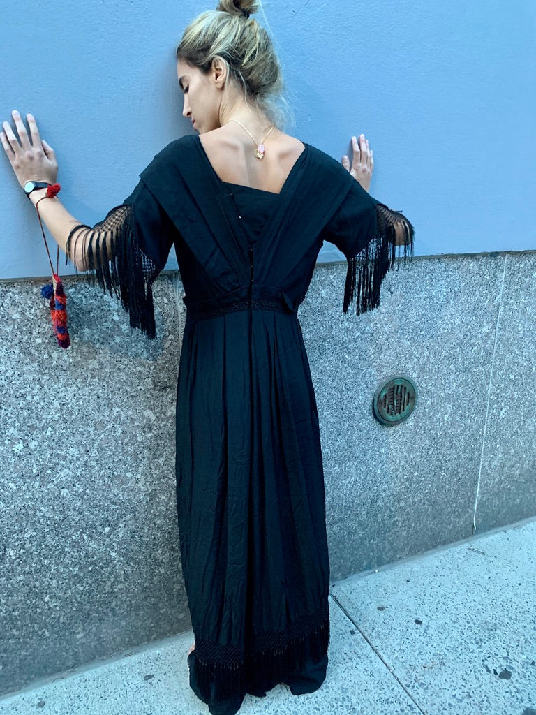 1930’s Black Silk Dress with Fringe Trim