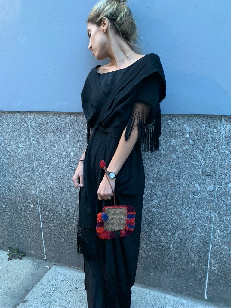 1930’s Black Silk Dress with Fringe Trim