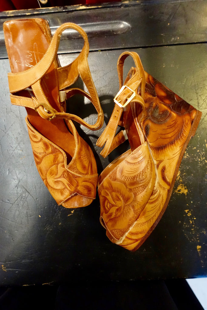 1970's "Trashy" Tooled Leather Wedge Shoes - SOLD
