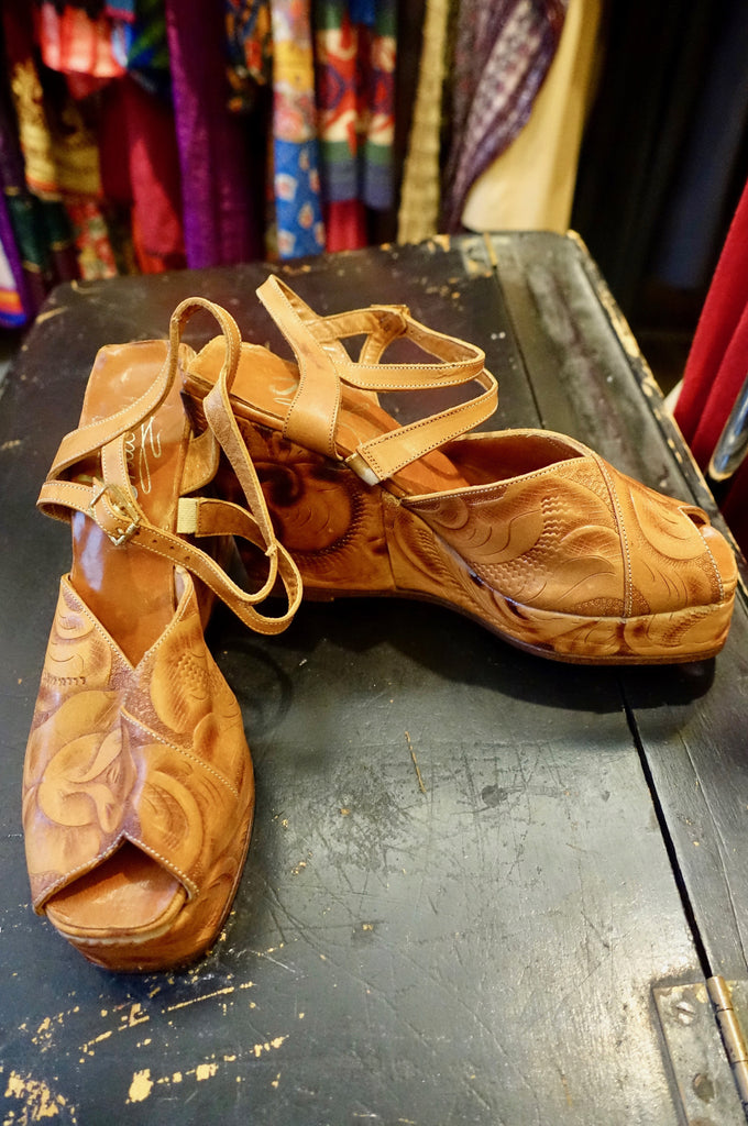 1970's "Trashy" Tooled Leather Wedge Shoes - SOLD
