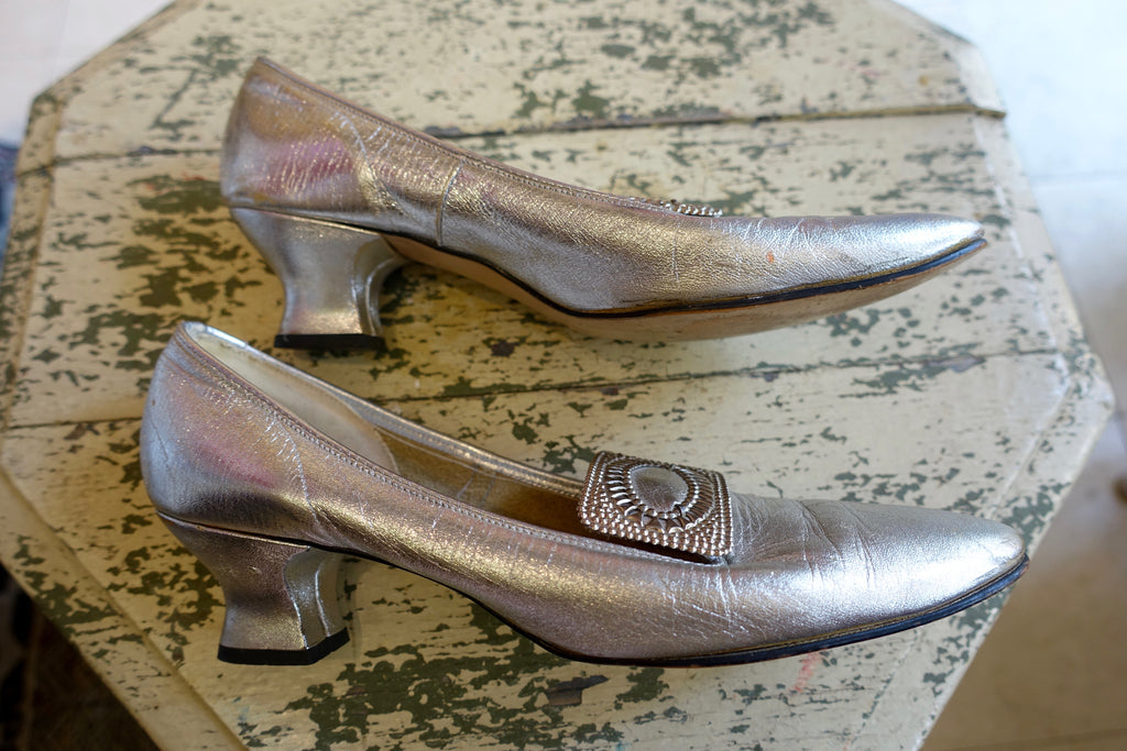 1960's Silver Lamé French Buckle Heels