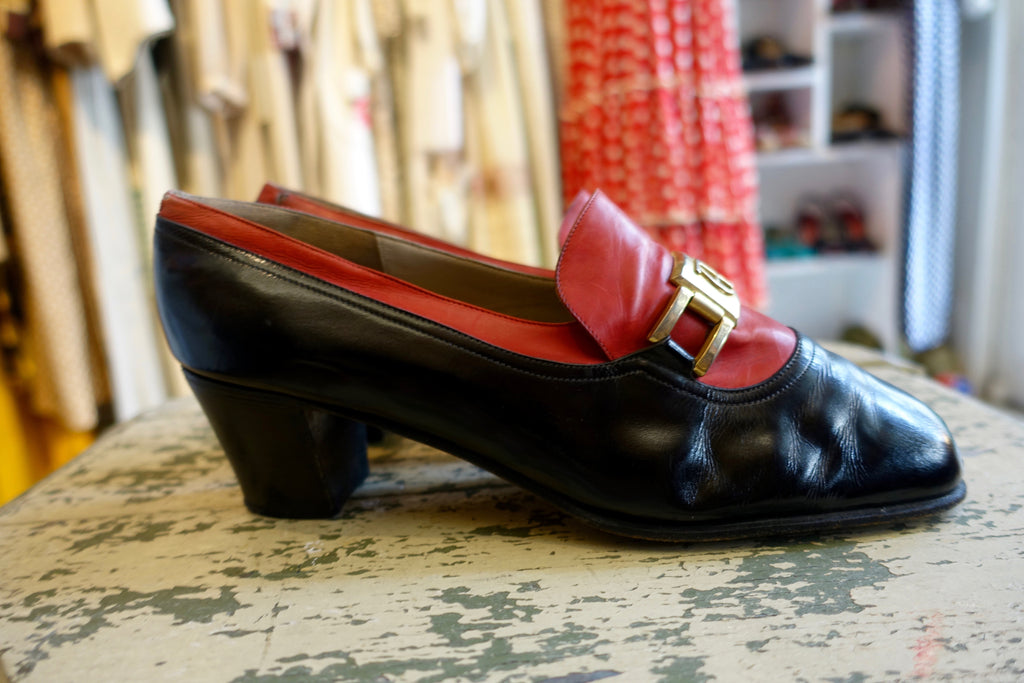 1970's Aigner Navy and Red Heeled Loafers - SOLD