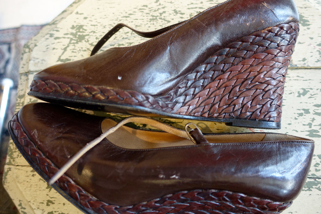 1970's Mario Valentino Brown Leather Braided Wedge Shoes - SOLD