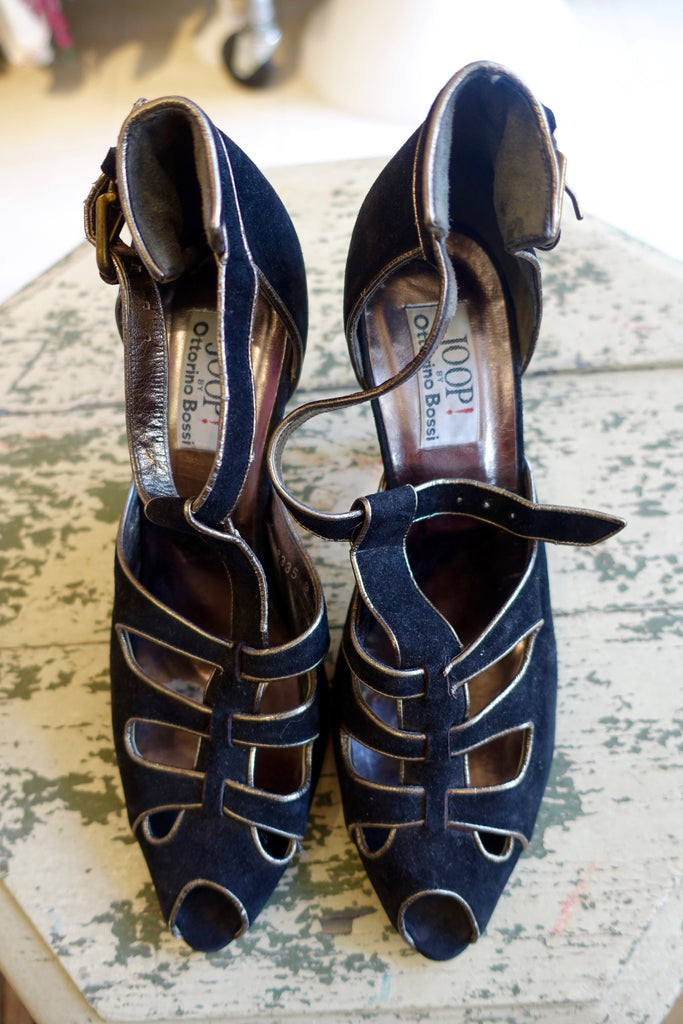 1980's Joop! by Ottorino Bossi Black Suede Heels with Metallic Trim