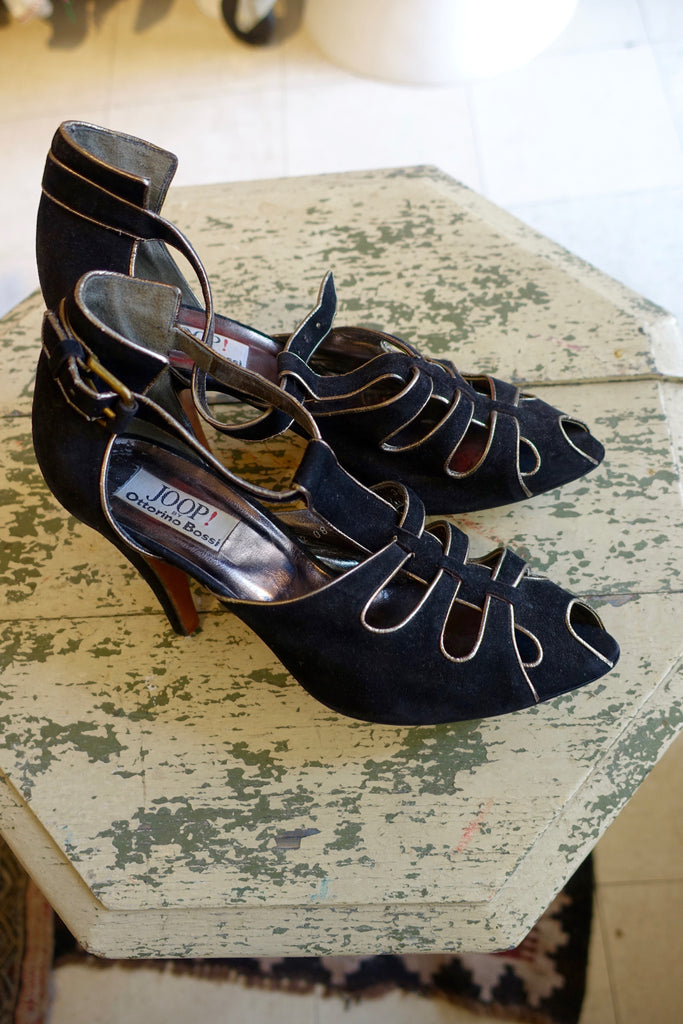 1980's Joop! by Ottorino Bossi Black Suede Heels with Metallic Trim