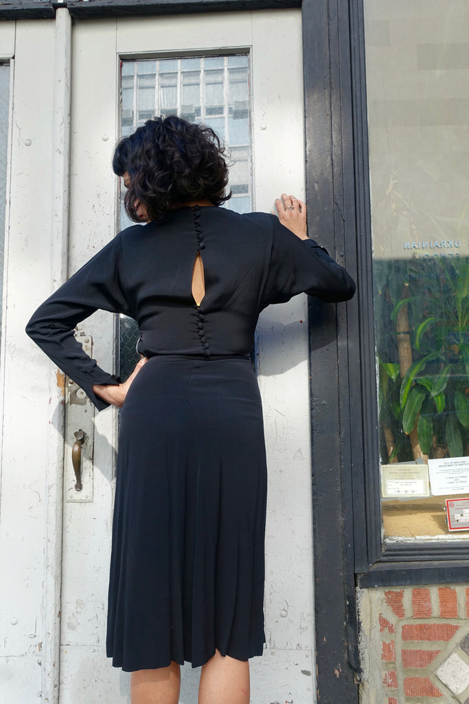 1940's Black Drape Braid Embellished Dress - SOLD