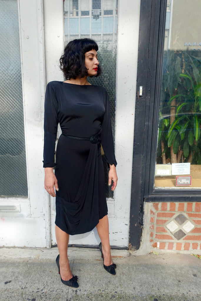 1940's Black Drape Braid Embellished Dress - SOLD
