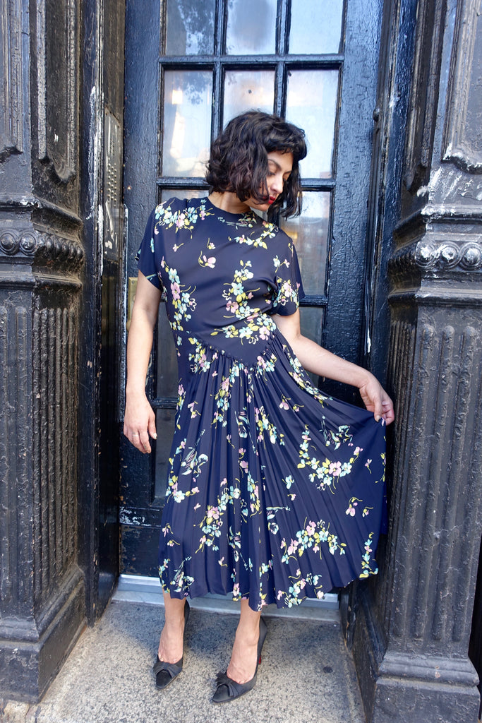 1940's Blue Floral Rayon Dress - SOLD