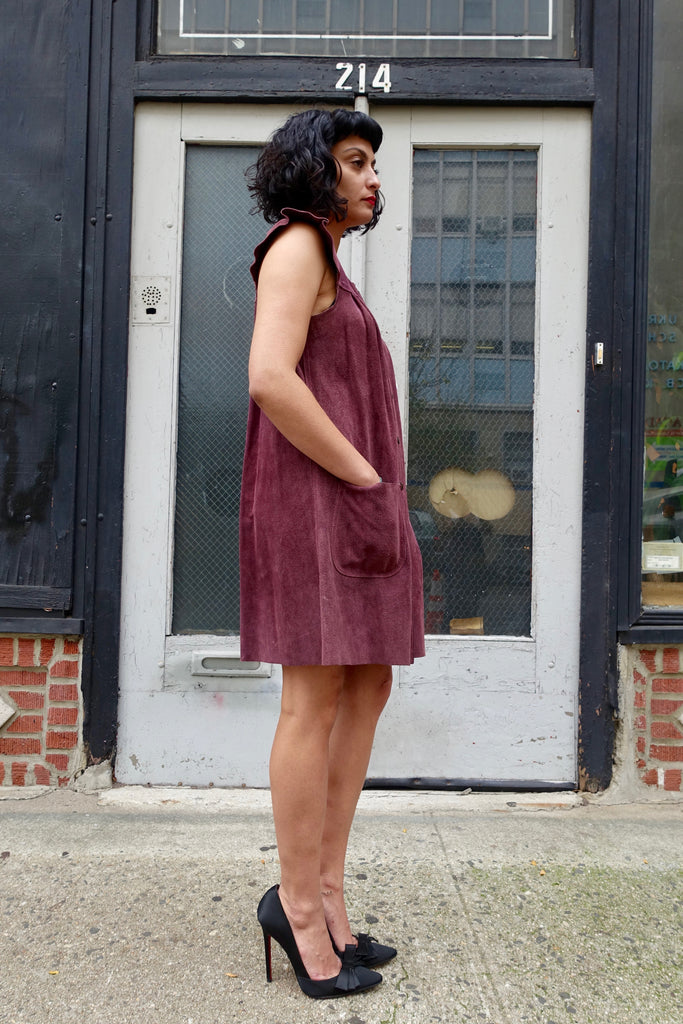 1970's Plum Suede Ruffle Sleeve Dress - SOLD