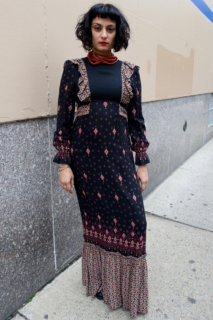 1960's Black Print Ruffle Dress - SOLD