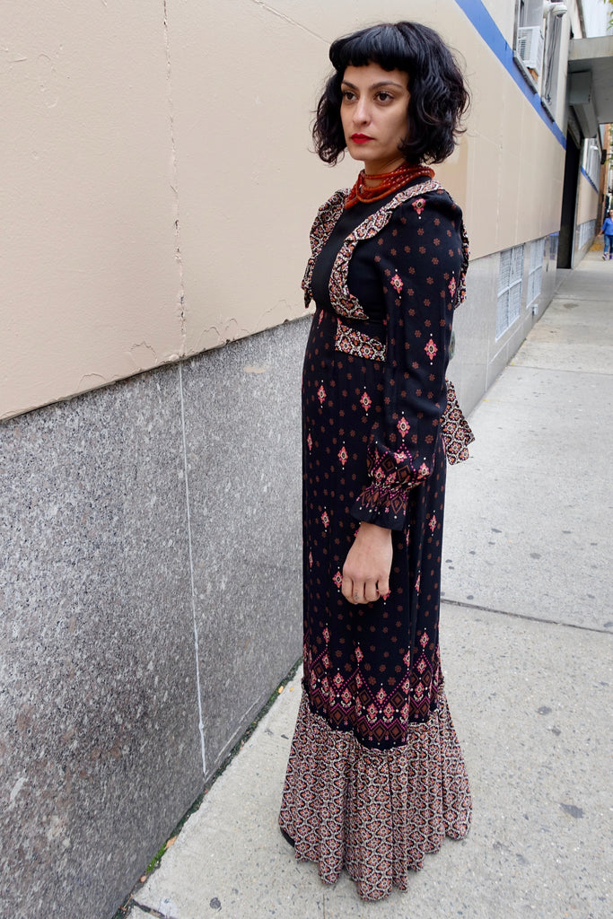 1960's Black Print Ruffle Dress - SOLD
