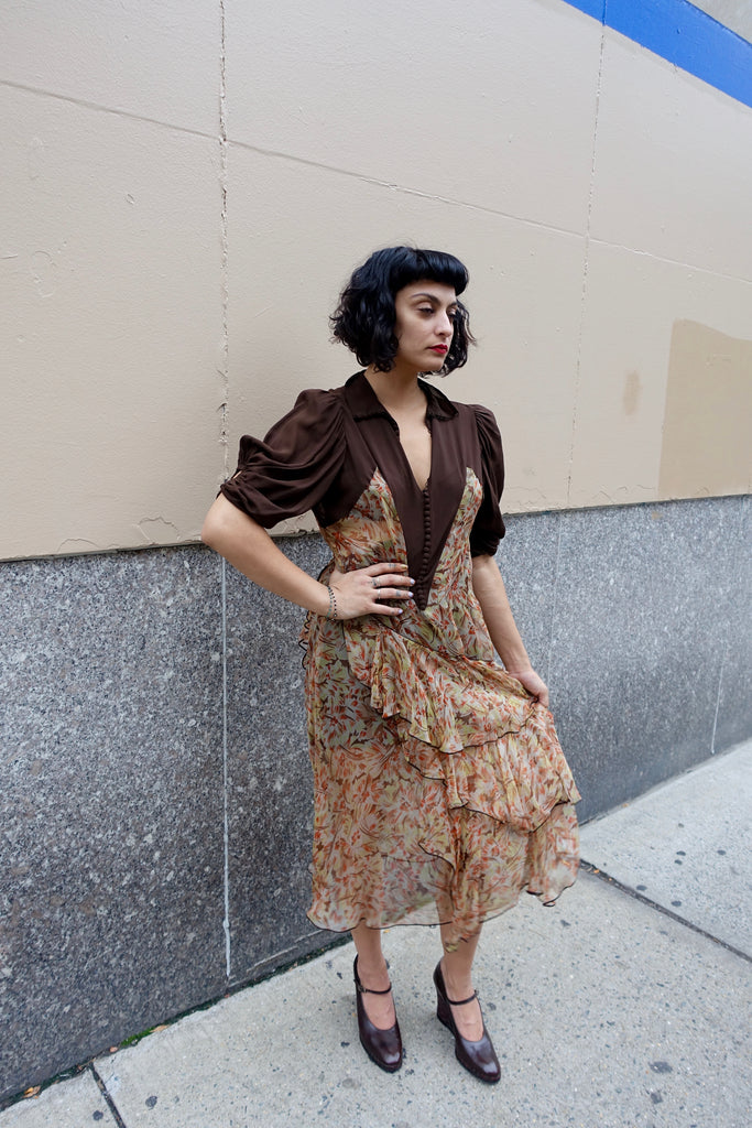 1930's-40's Brown Silk Crepe Dress - SOLD