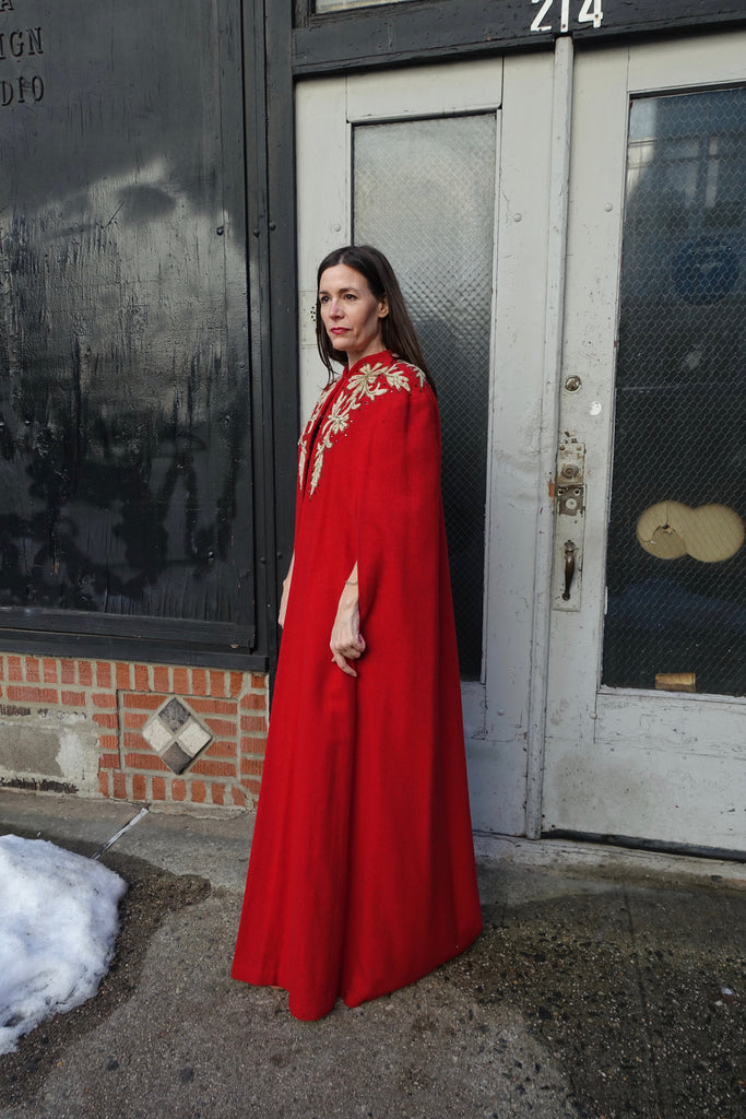Early 1940's Red Wool Embroidered Cape