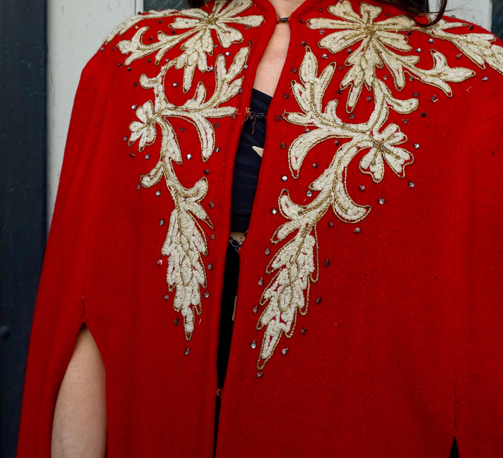 Early 1940's Red Wool Embroidered Cape