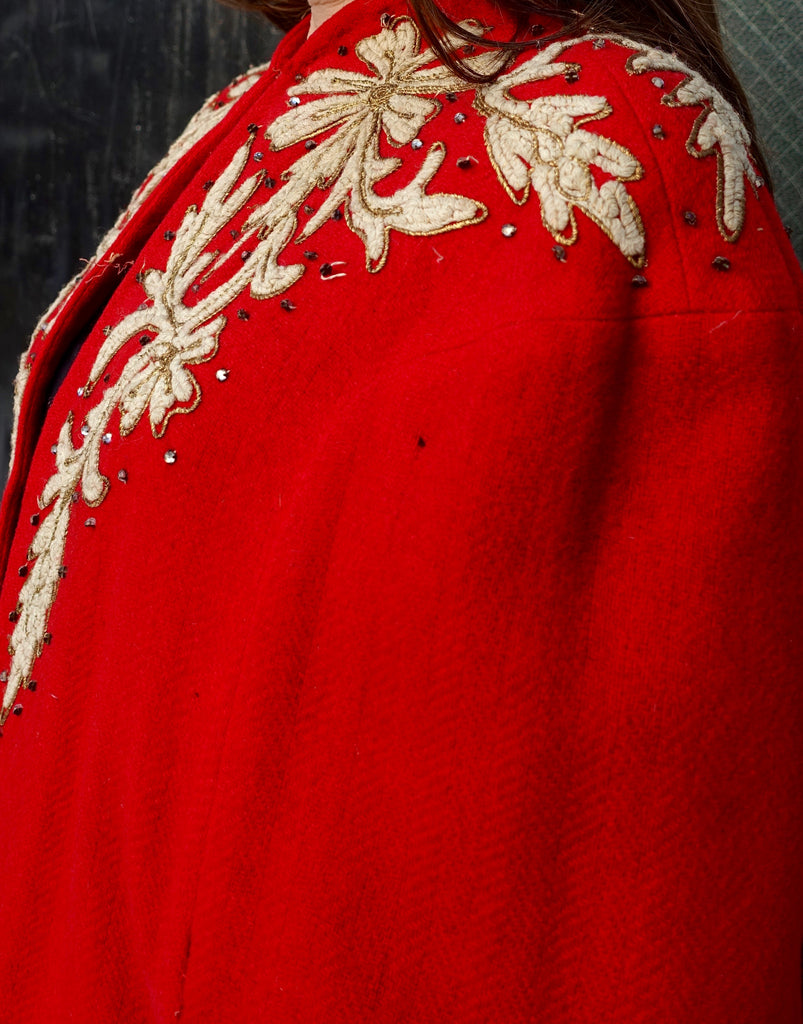 Early 1940's Red Wool Embroidered Cape