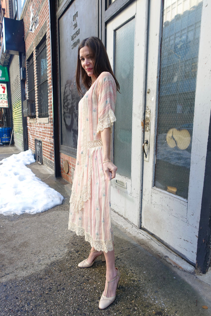 1910's Edwardian Pink Striped and Floral Dress - SOLD