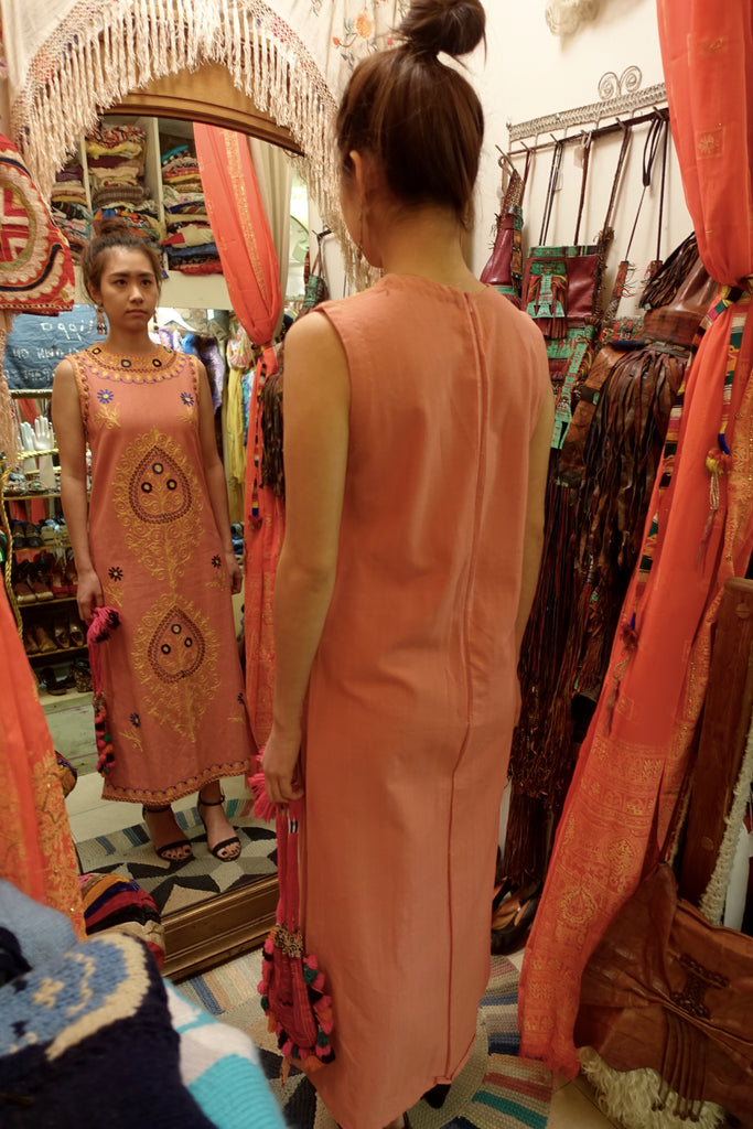 1970's Cantaloupe Woven Embroidered Dress - SOLD