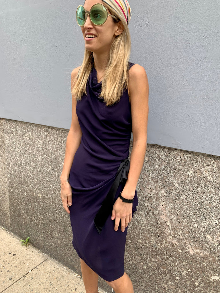 1990s-2000s Nina Ricci Blue Silk Draped Dress with Black Ribbons