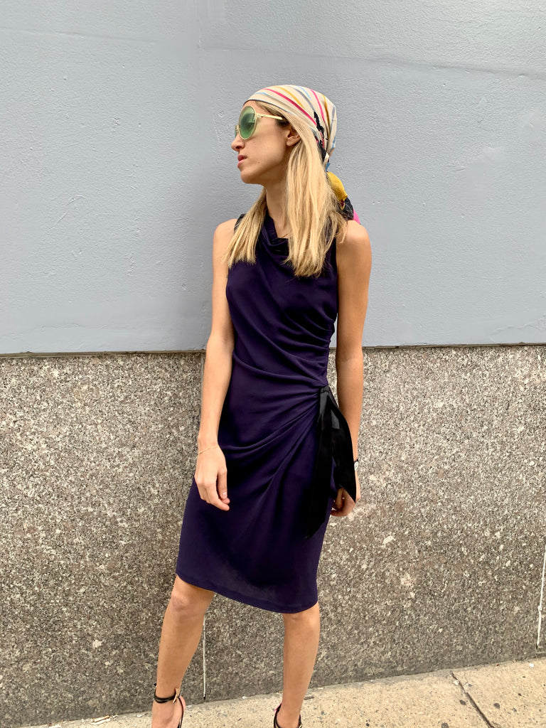 1990s-2000s Nina Ricci Blue Silk Draped Dress with Black Ribbons