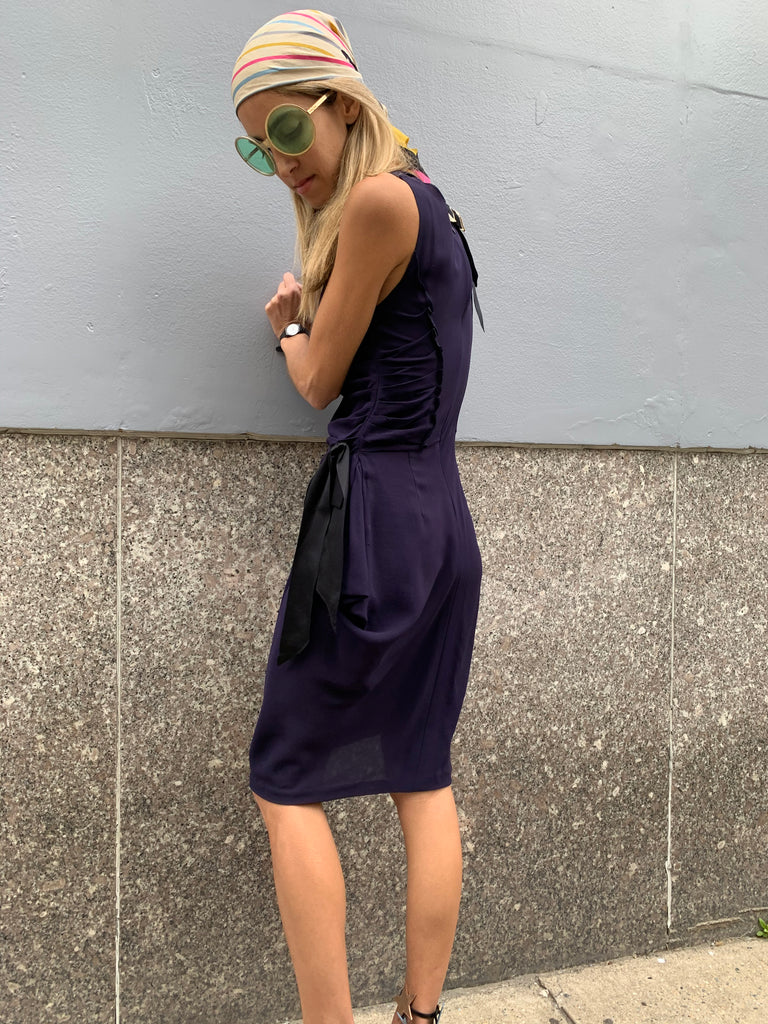 1990s-2000s Nina Ricci Blue Silk Draped Dress with Black Ribbons