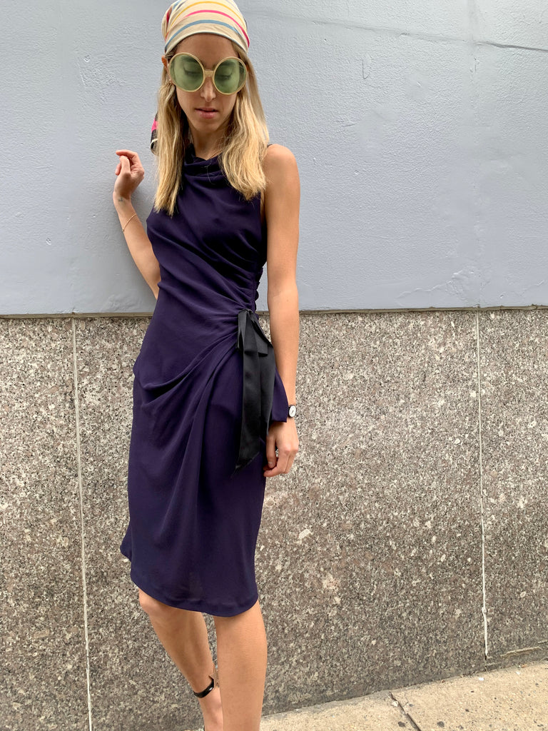 1990s-2000s Nina Ricci Blue Silk Draped Dress with Black Ribbons