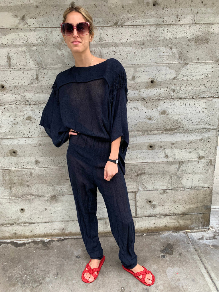 1980’s Knit Jumpsuit with Fringed Shoulders and Slit Back