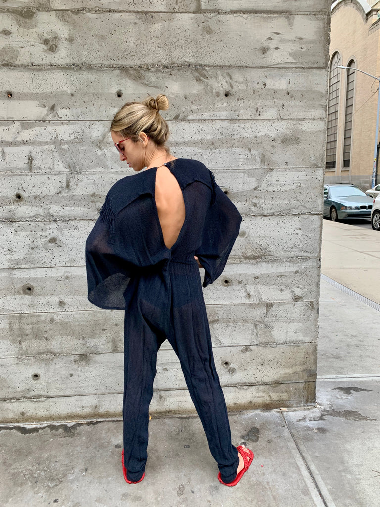 1980’s Knit Jumpsuit with Fringed Shoulders and Slit Back