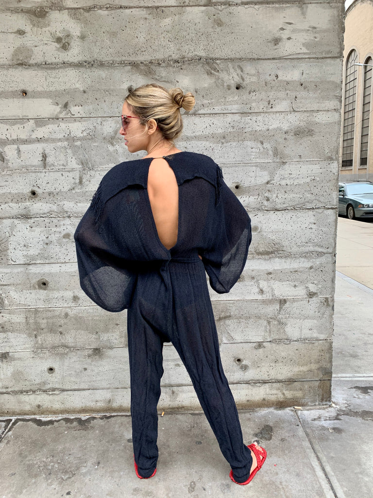 1980’s Knit Jumpsuit with Fringed Shoulders and Slit Back