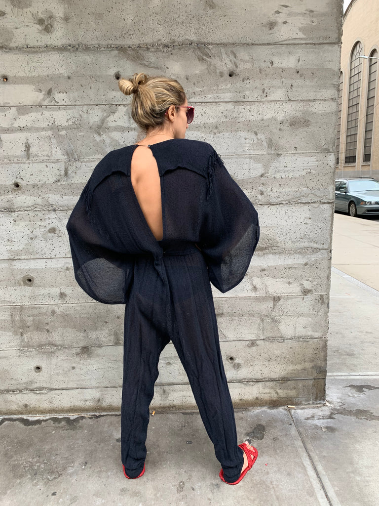 1980’s Knit Jumpsuit with Fringed Shoulders and Slit Back