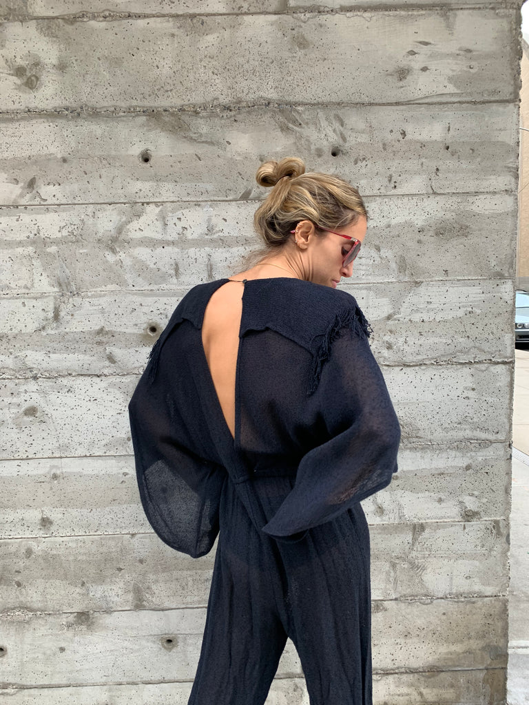 1980’s Knit Jumpsuit with Fringed Shoulders and Slit Back