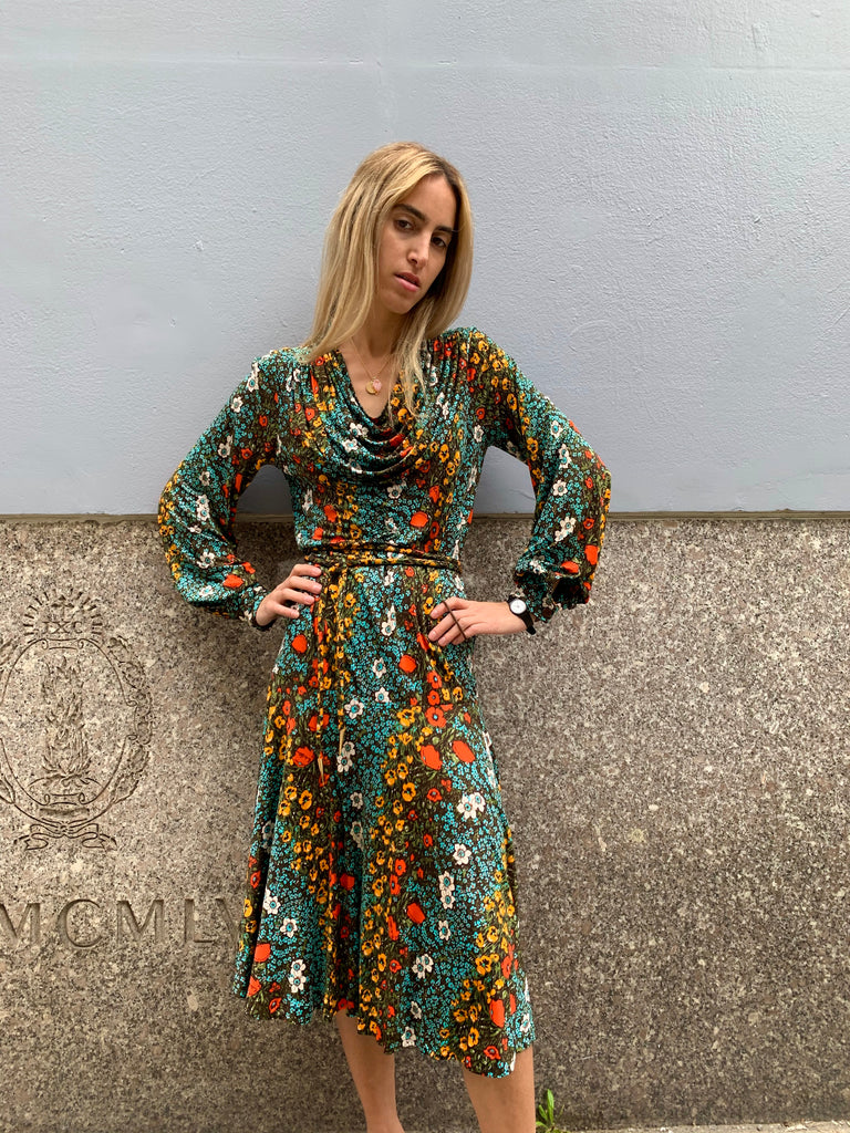 1970/80’s Emilia Bellini Floral Print Silk Jersey Belted Dress
