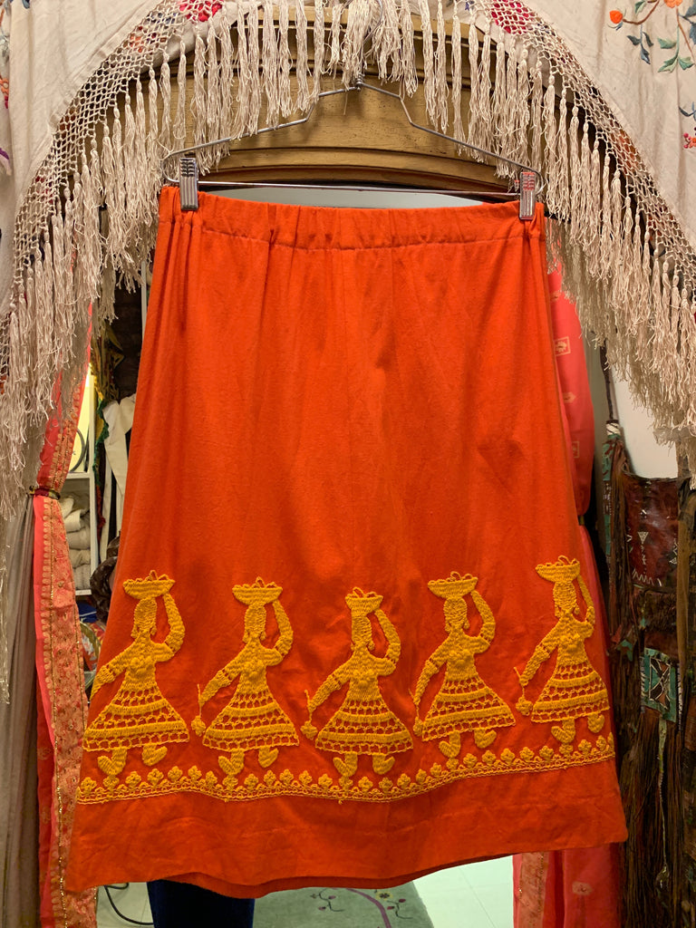 1960's Vintage South American Figural Embroidered Orange Cotton Skirt