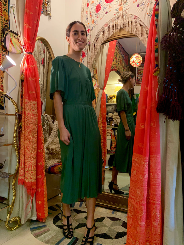1970's Jean Muir Jewel Green Silk Crepe Dress