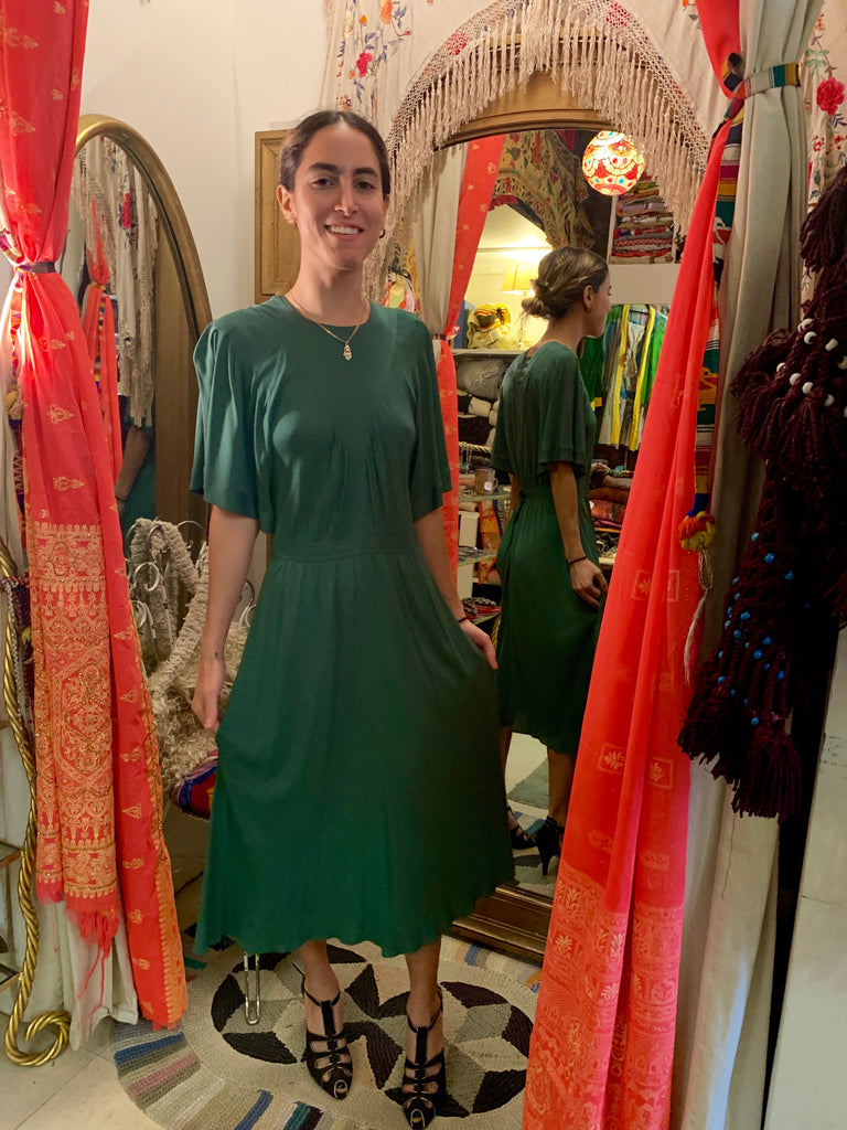 1970's Jean Muir Jewel Green Silk Crepe Dress
