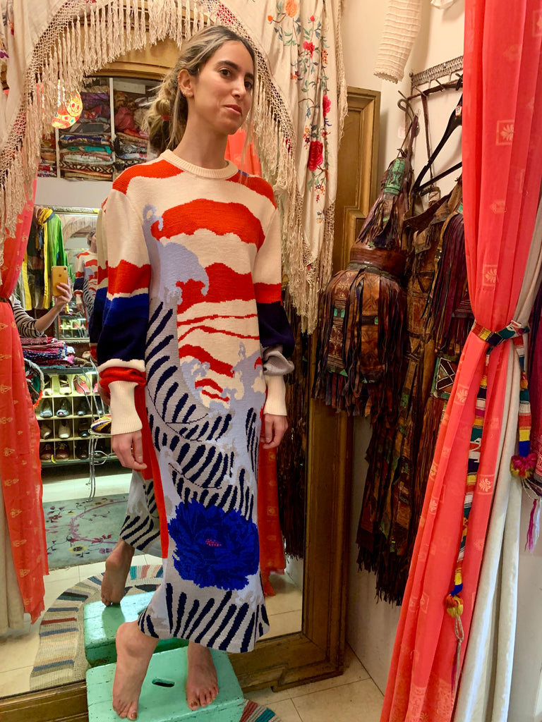 1980s Hanae Mori Landscape Pattern Japanese Knit Dress