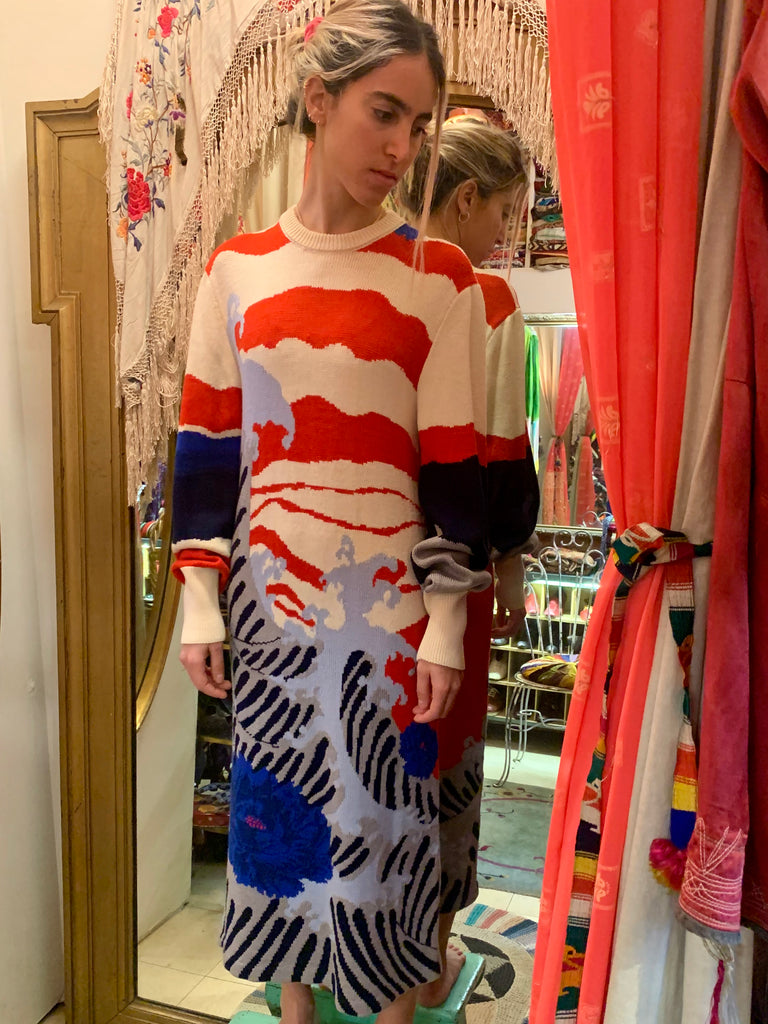 1980s Hanae Mori Landscape Pattern Japanese Knit Dress