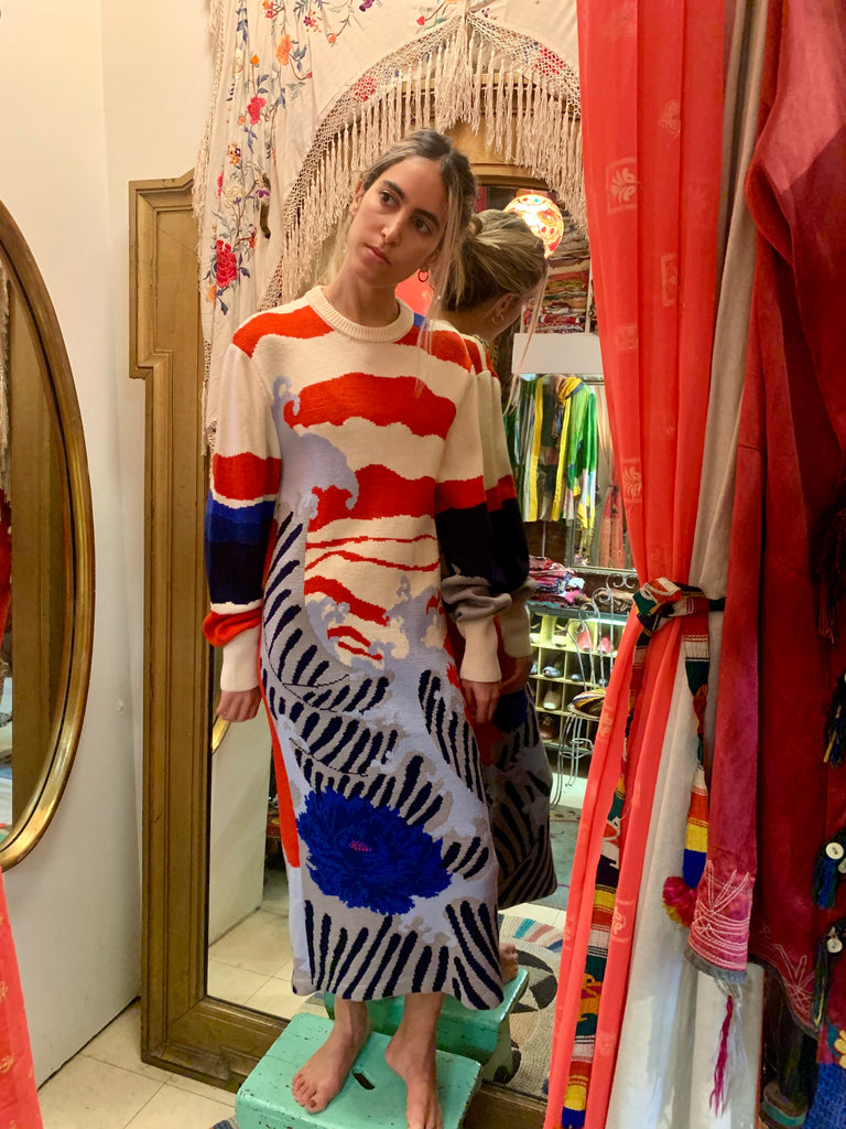 1980s Hanae Mori Landscape Pattern Japanese Knit Dress