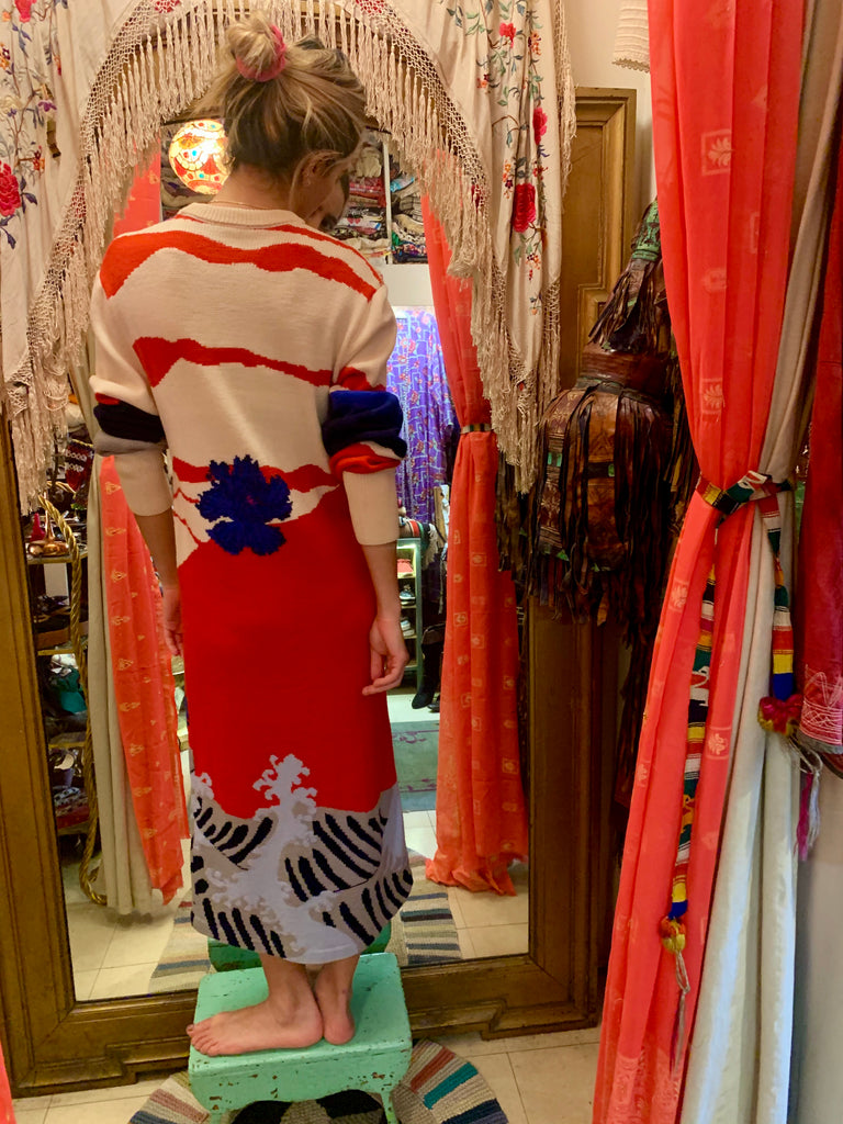 1980s Hanae Mori Landscape Pattern Japanese Knit Dress