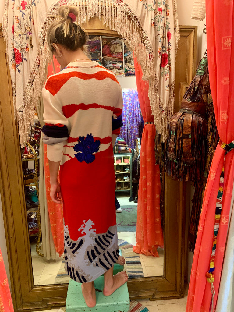 1980s Hanae Mori Landscape Pattern Japanese Knit Dress