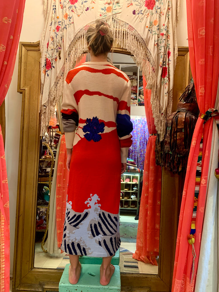 1980s Hanae Mori Landscape Pattern Japanese Knit Dress