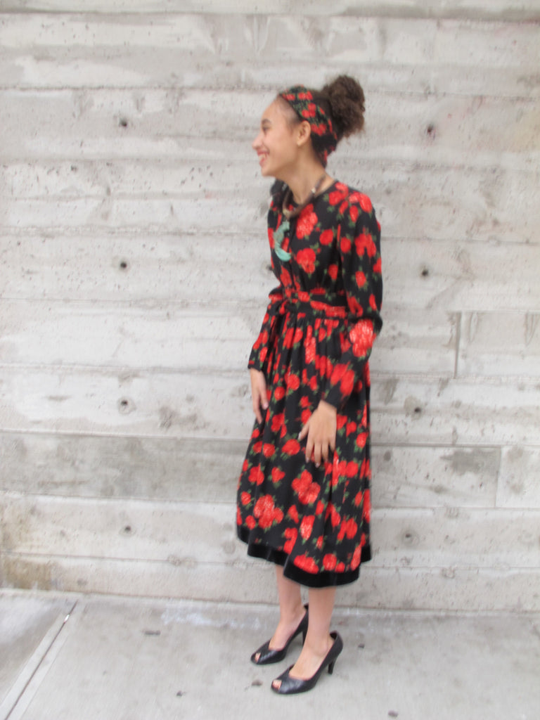 1980's Yves Saint-Laurent Belted Floral Peasant Dress with Matching Scarf - SOLD