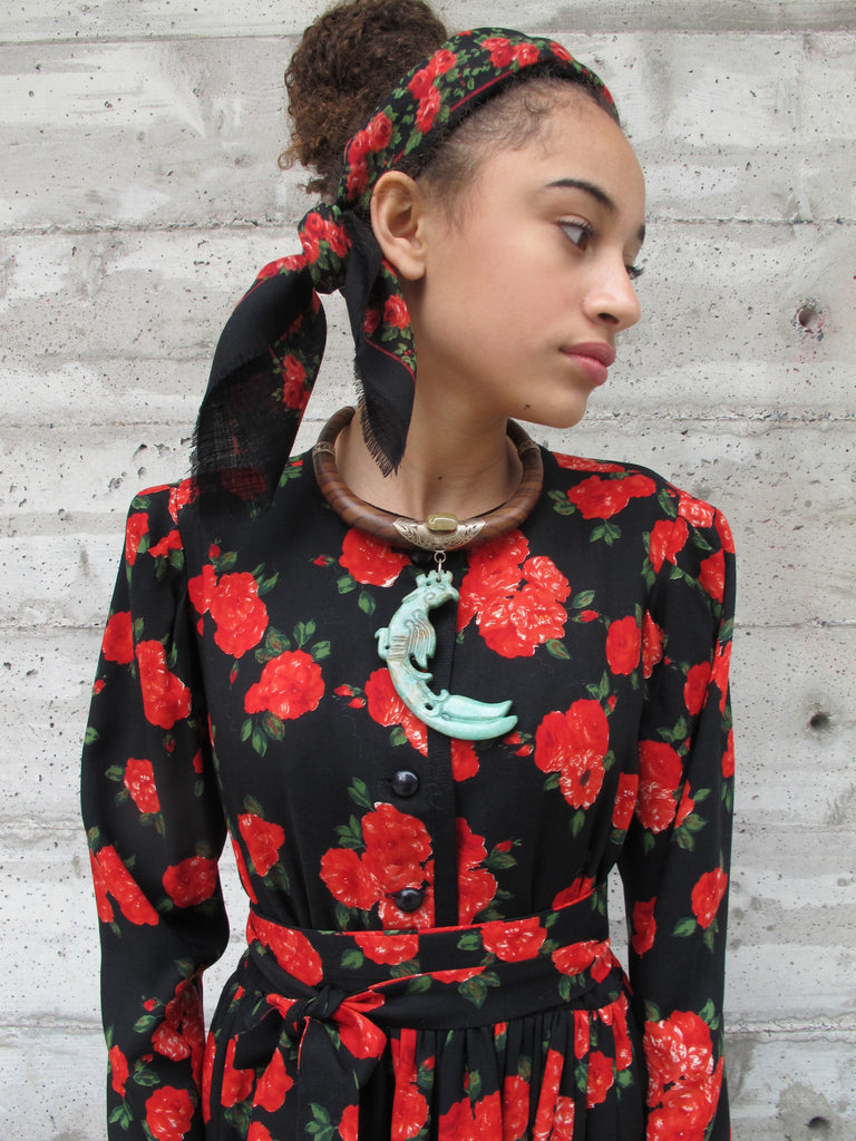 1980's Yves Saint-Laurent Belted Floral Peasant Dress with Matching Scarf - SOLD