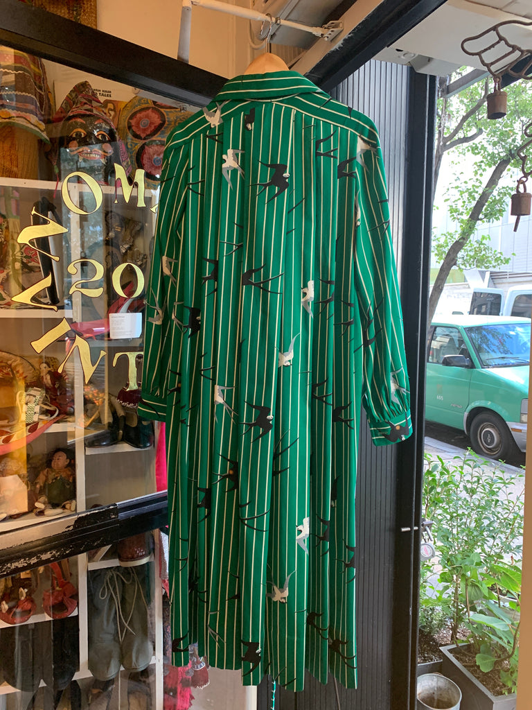 1970s Vintage Issey Miyake Green Striped Bird Print Dress - SOLD