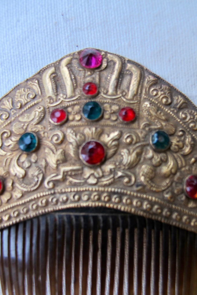 Early 20th Century Stamped Gold Hair Comb with Colored Glass Ornaments - SOLD
