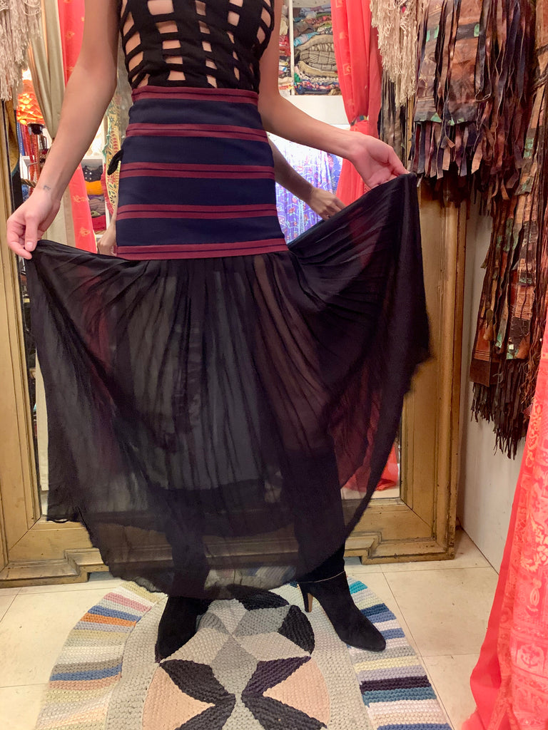 1990s-2000s Gaultier Pleated Silk Skirt with Striped Waistband