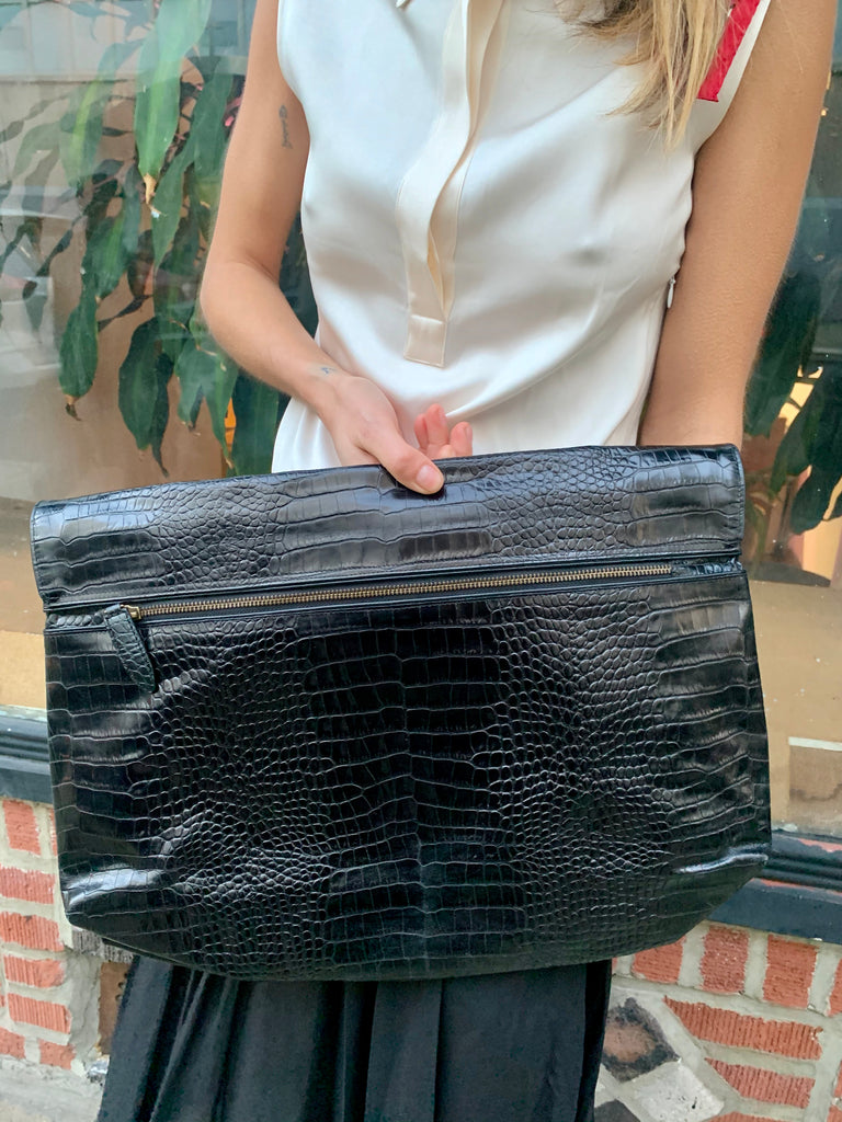 1990s-2000s Dries Van Noten Crocodile-Embossed Over-sized Clutch