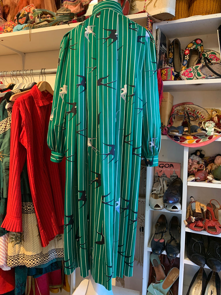 1970s Vintage Issey Miyake Green Striped Bird Print Dress - SOLD