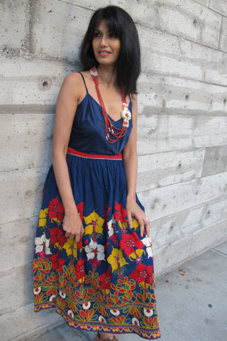 1960's Vintage South American Figural Embroidered Orange Cotton Skirt